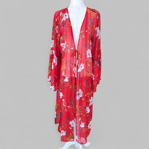Band of Gypsies Red Floral Sheer Cover Up Bell Sleeve Large
